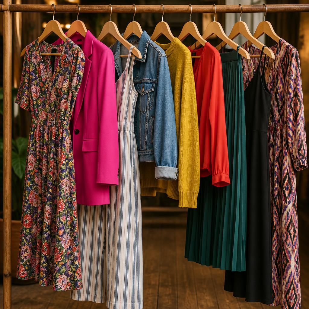 Curated rack of women's silk blouses, knitwear and tailored pieces in cream, camel, terracotta and black