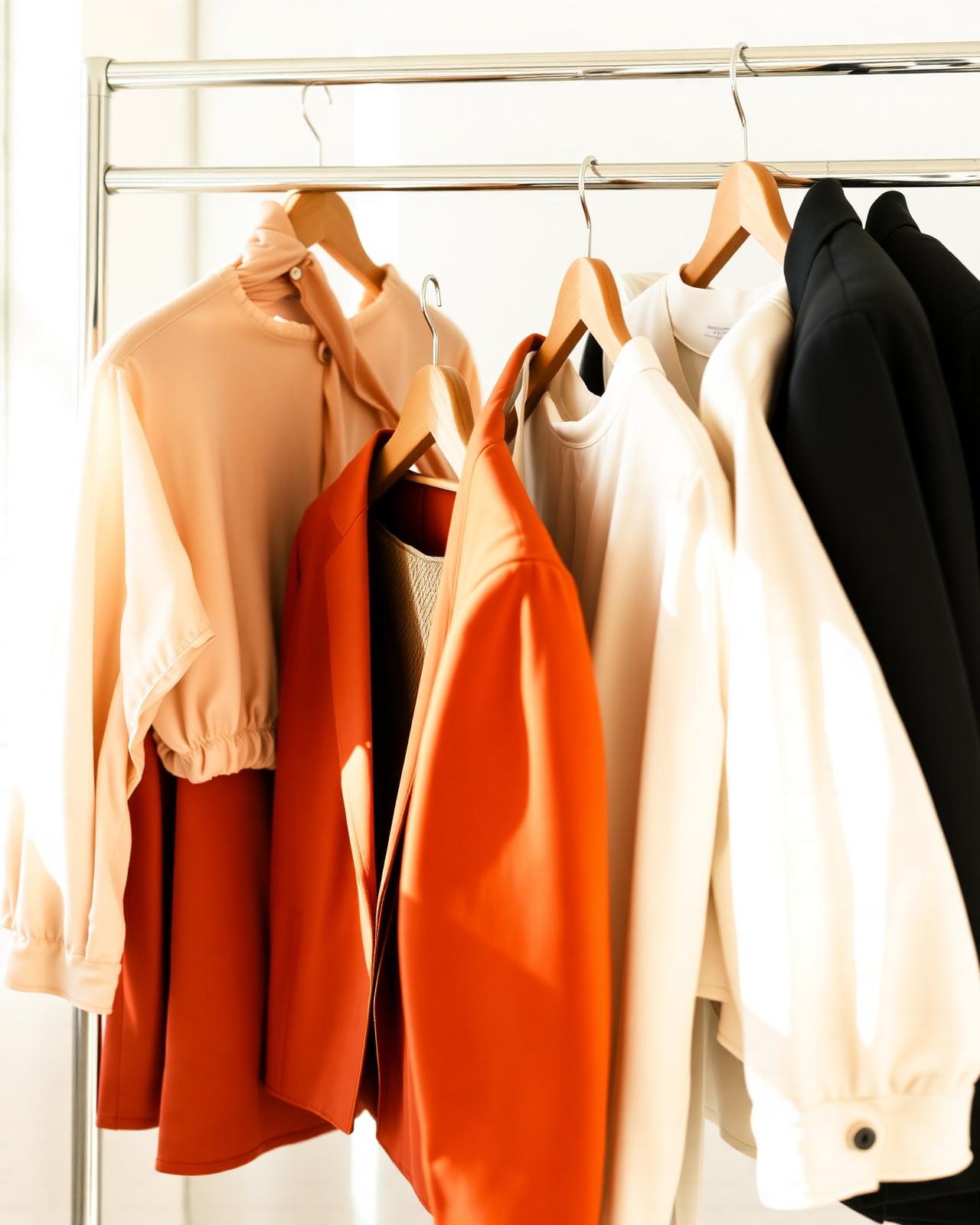 Curated rack of women's silk blouses, knitwear and tailored pieces in cream, camel, terracotta and black