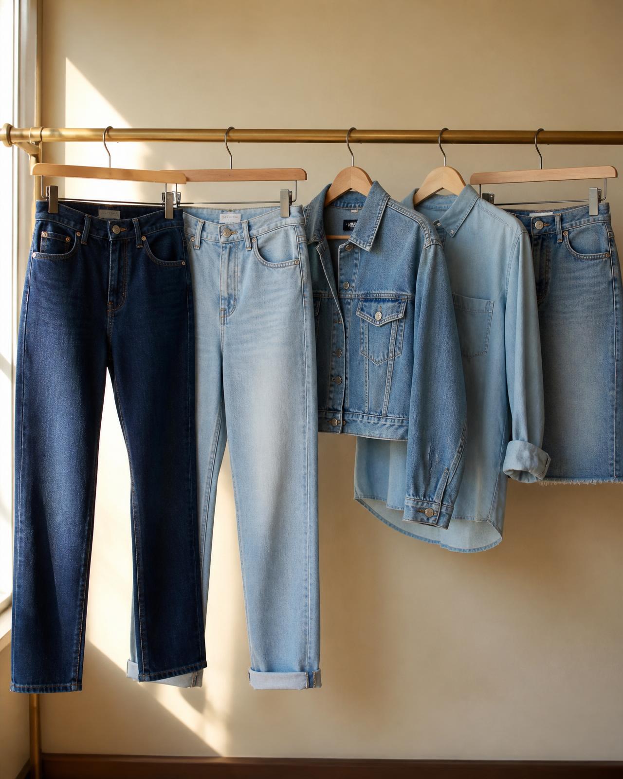 Rack of women's vintage and premium denim jeans and jackets in indigo and washed blue tones