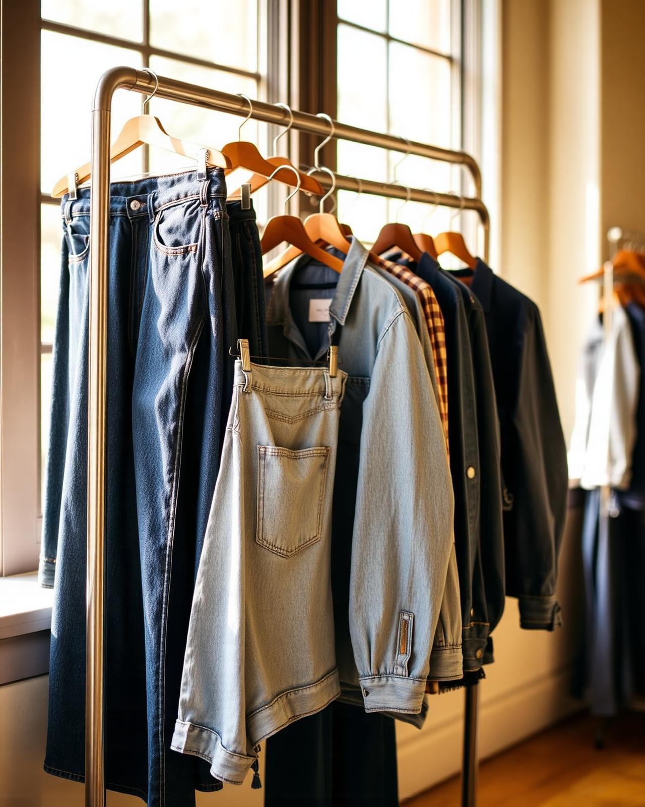 Rack of women's vintage and premium denim jeans and jackets in indigo and washed blue tones