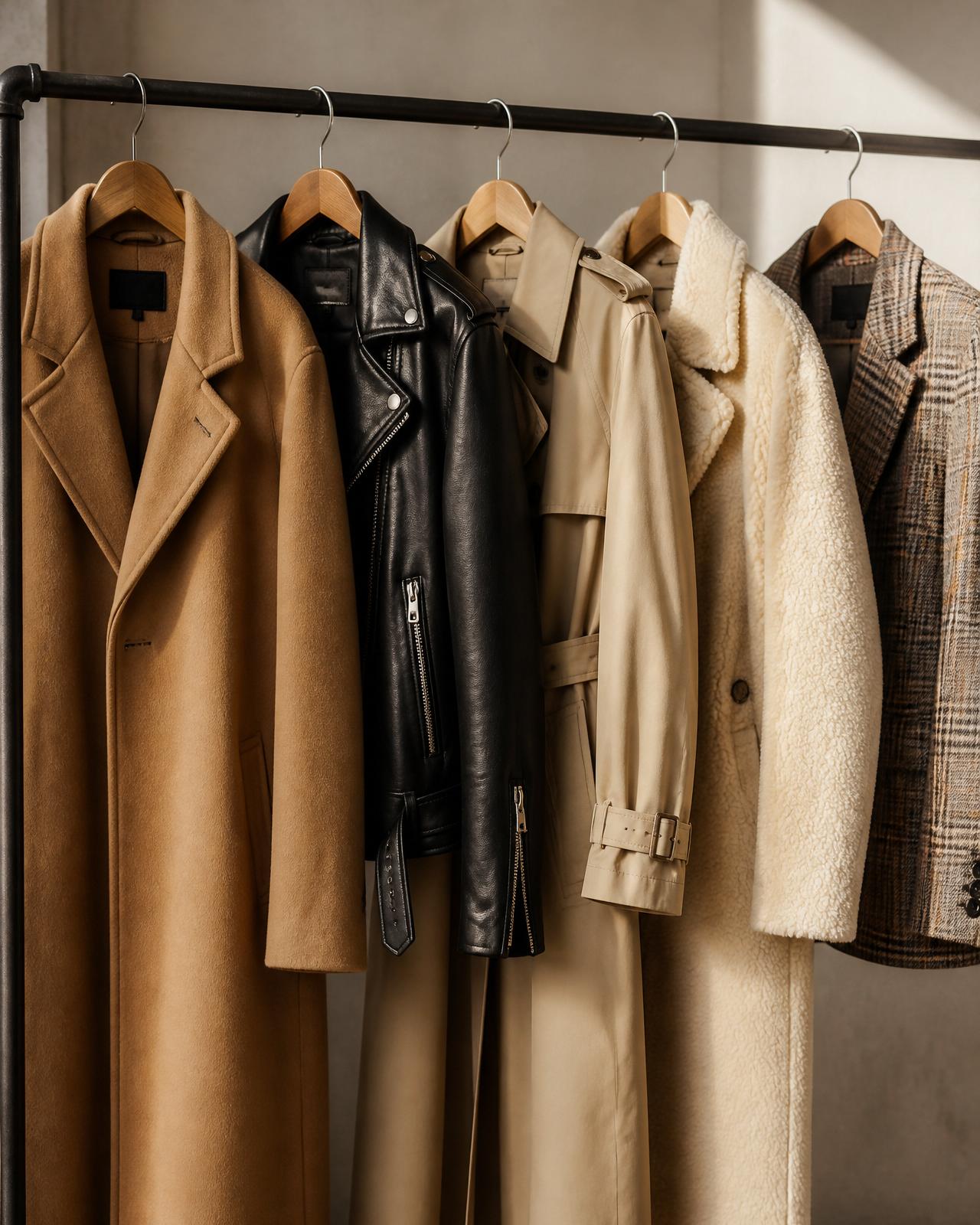 Rack of women's outerwear — wool coats, leather jackets and trenches in camel, black and cream