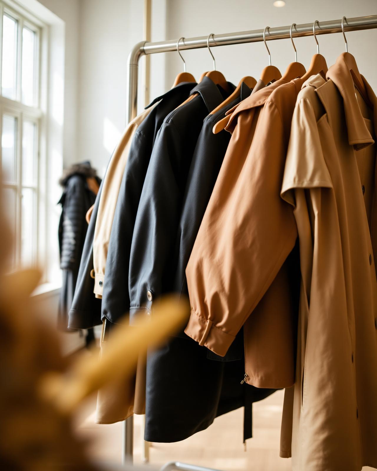 Rack of women's outerwear — wool coats, leather jackets and trenches in camel, black and cream