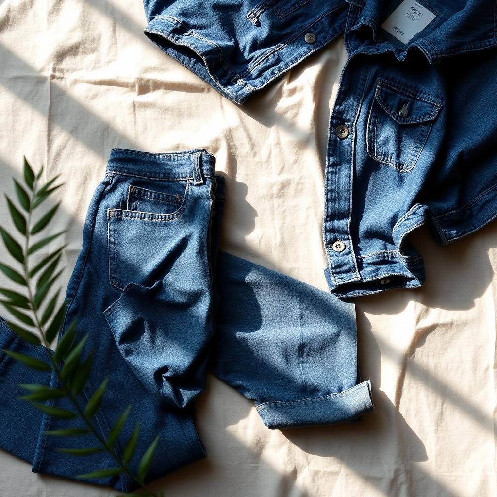 Folded vintage denim jeans and jacket in indigo and washed blue