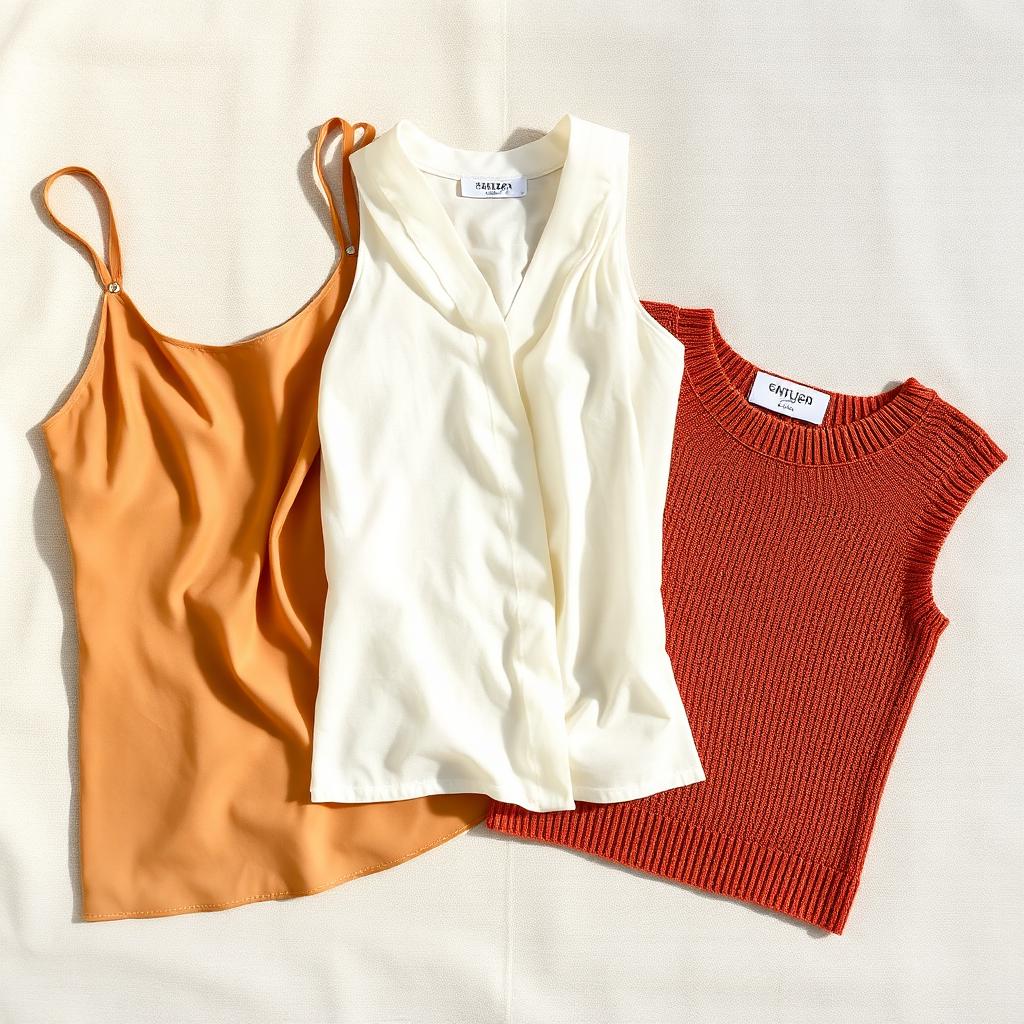 Folded silk camisole, linen blouse and terracotta knit tee on linen