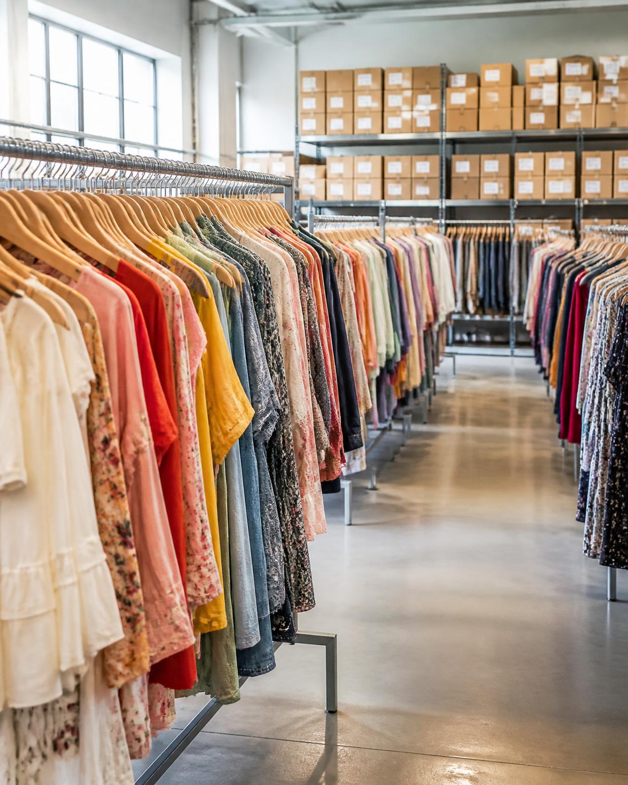 TVF warehouse aisles of curated wholesale apparel
