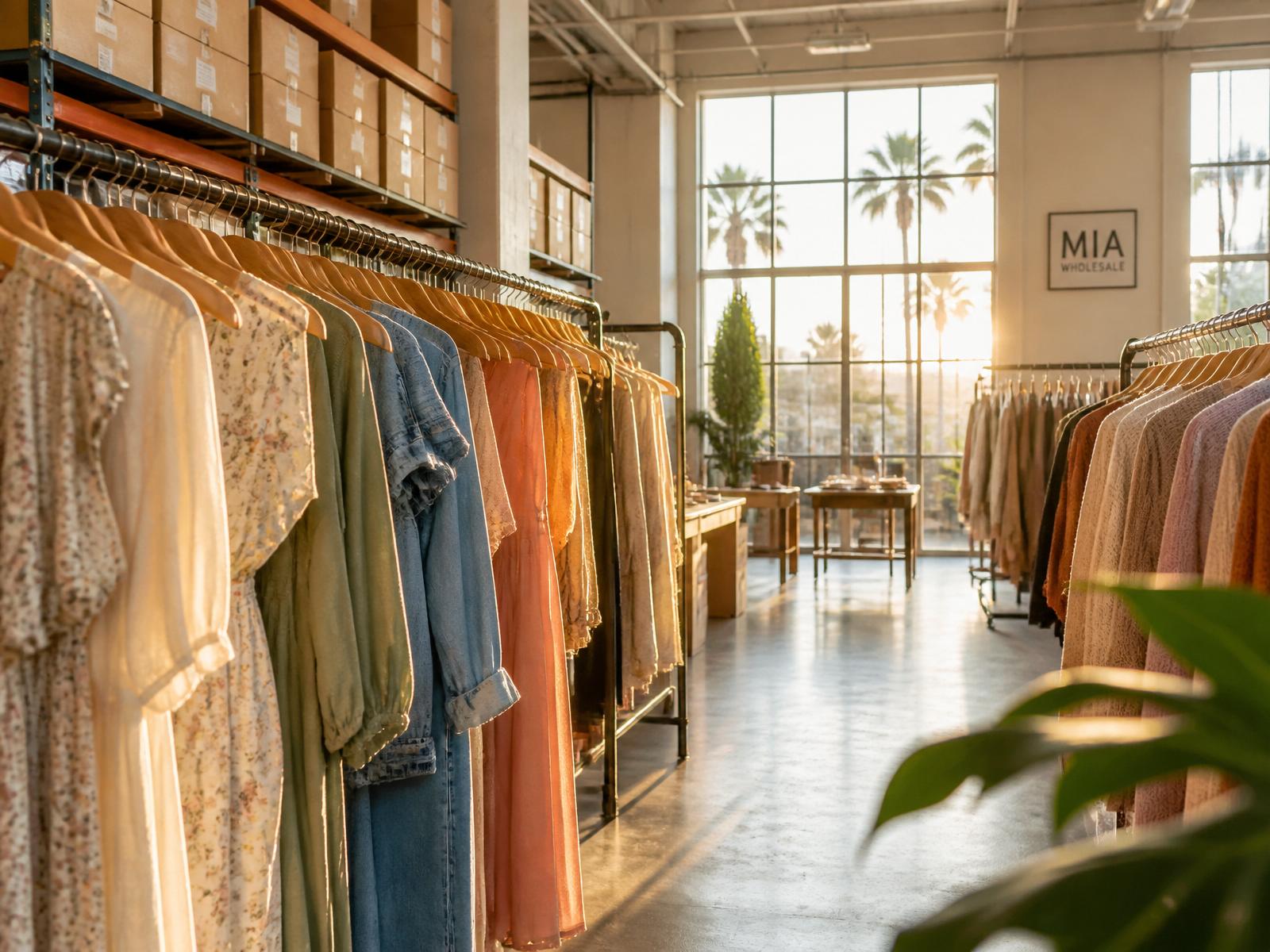 TVF warehouse aisles of curated wholesale apparel